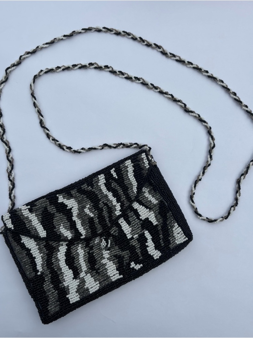 Black & White Beaded Crossbody Bag with Braided Strap